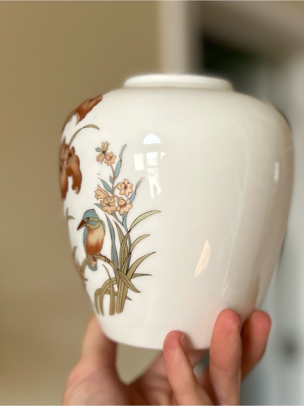 White Ceramic Vase with Brown and Beige Florals and Bird Design - Picture 2 of 8